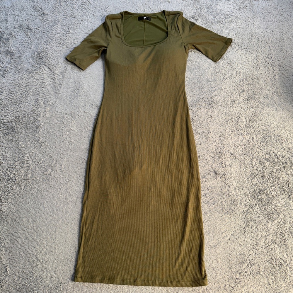 CBR Womens Shapewear Bodycon Dress Medium M Olive Green Ribbed Square Neck Midi